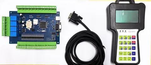 TNC-M24 controller kit: bare board with green screw terminals, SD slot and relays, plus handheld pendant and cable